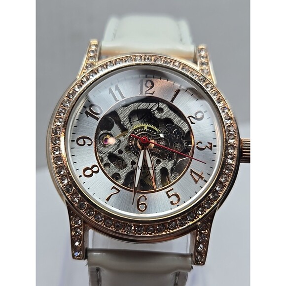 Burgi Automatic Skeleton Watch Rose Gold Crystal Bezel White Strap Exhibition - Picture 4 of 15